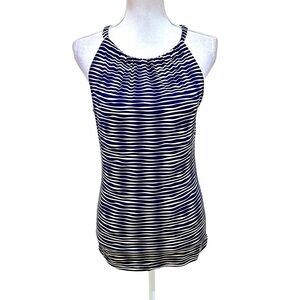 Ellie Kai navy & cream wavy print halter sleeveless stretchy top back tie size 2